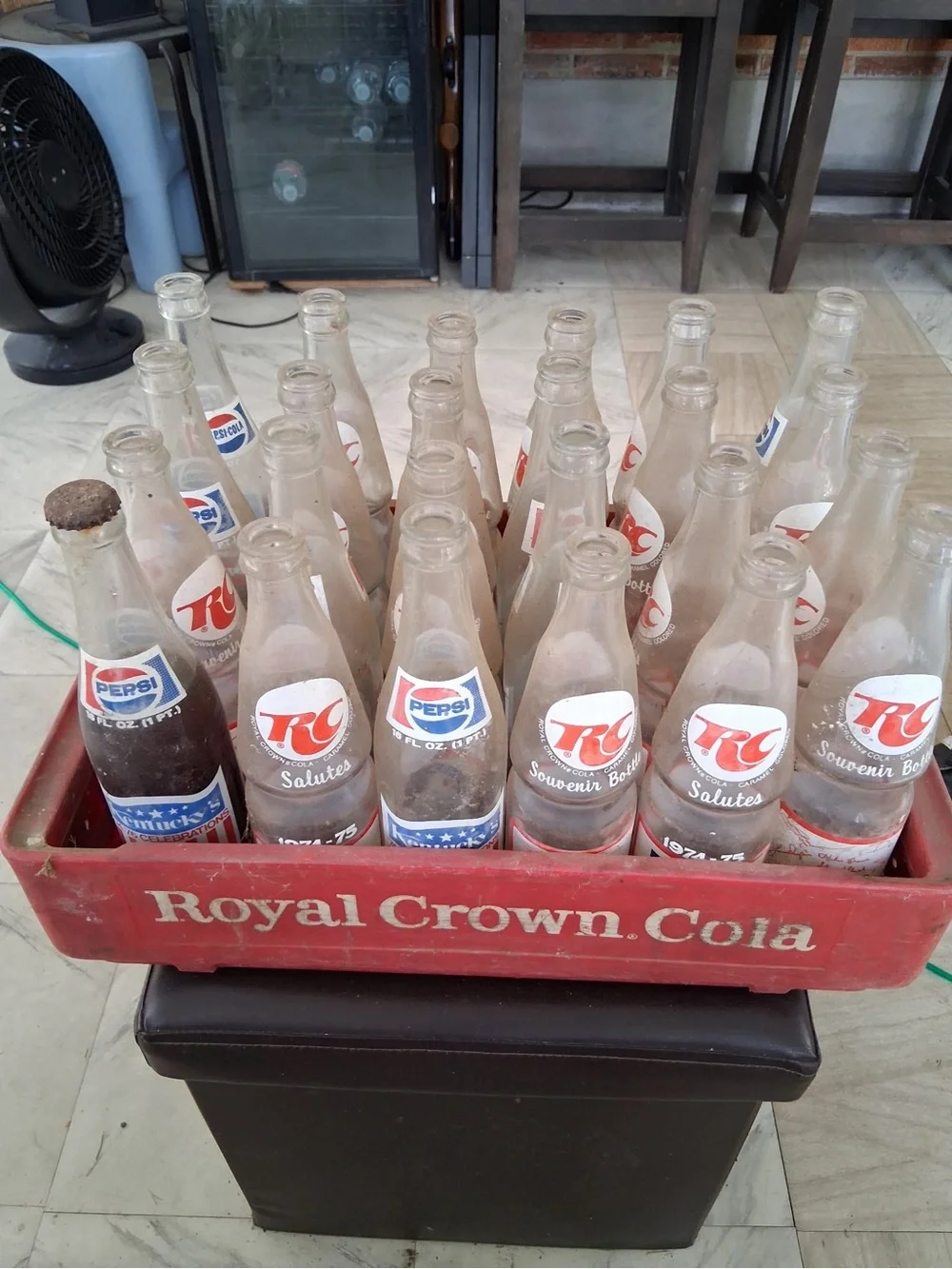 (RC) Red Glass Soda Crate with Vintage RC Bottles